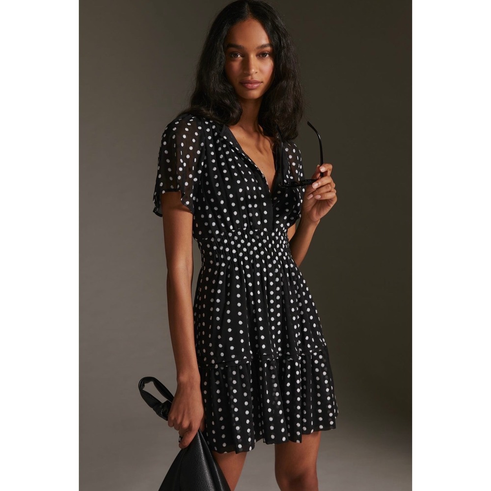 Anthropologie Black White Polka Dot Smocked Waist Tiered Mini Dress Womens XS